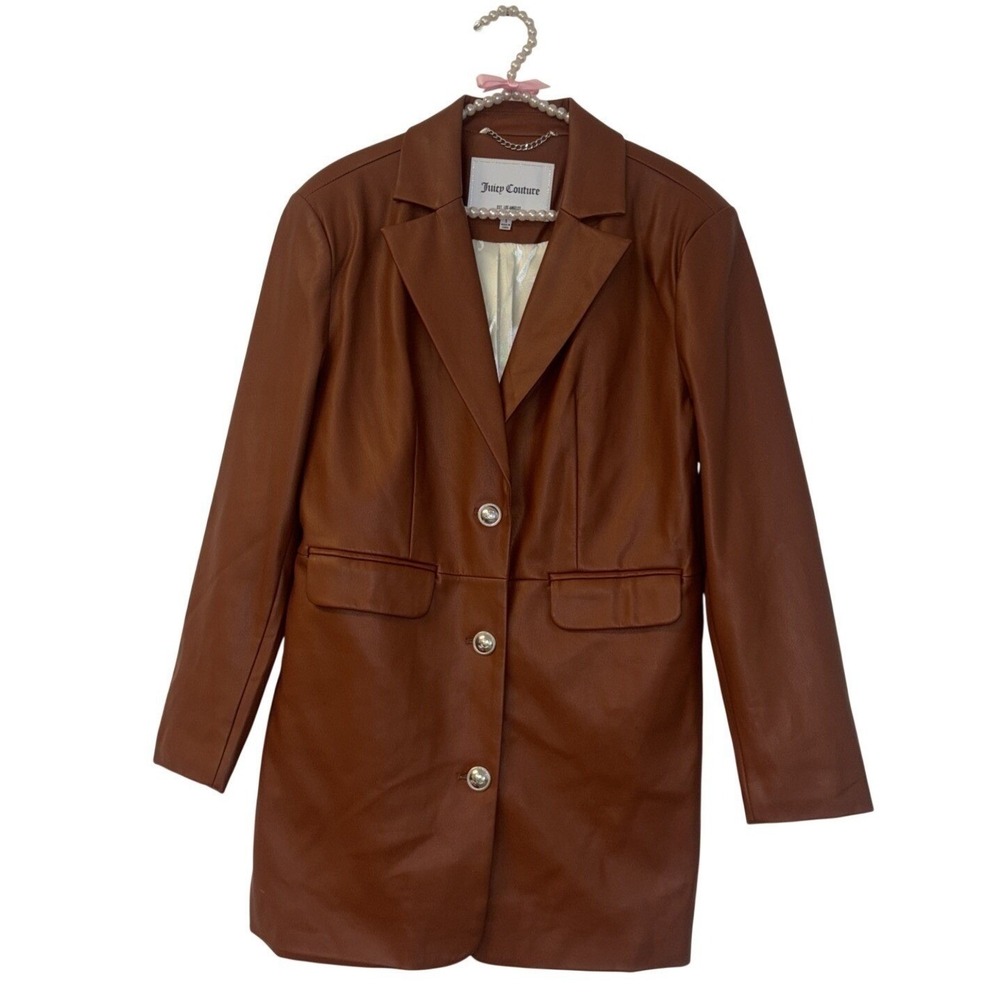 Juicy Couture Brown Faux Leather Blazer Jacket Button Front Pockets Small y2k